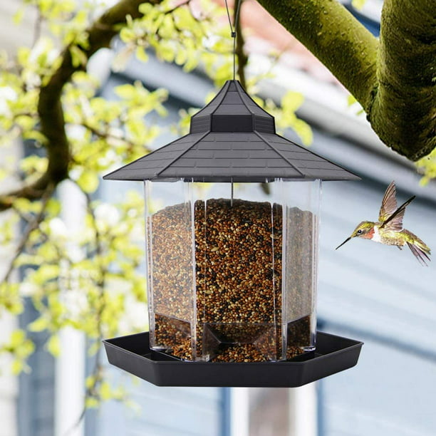 Wild Bird Feeder Hanging Hexagon Shaped with Roof Panorama Automatic Bird Seed Feeders for Outside Garden Yard Decoration,Classic Green. 